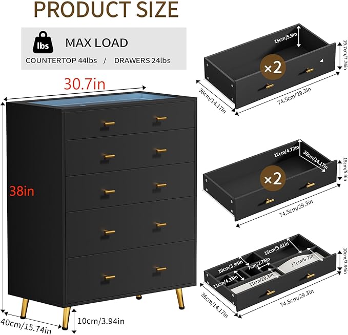 Drawer Dresser with LED Lights, 30.7" W x 39" H Tall Tempered Glass Top Dresser
