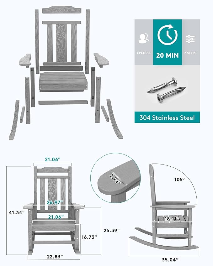 SERWALL Oversized Rocking Chair Outdoor, HDPE Outdoor Rocking Chair, Space Gray