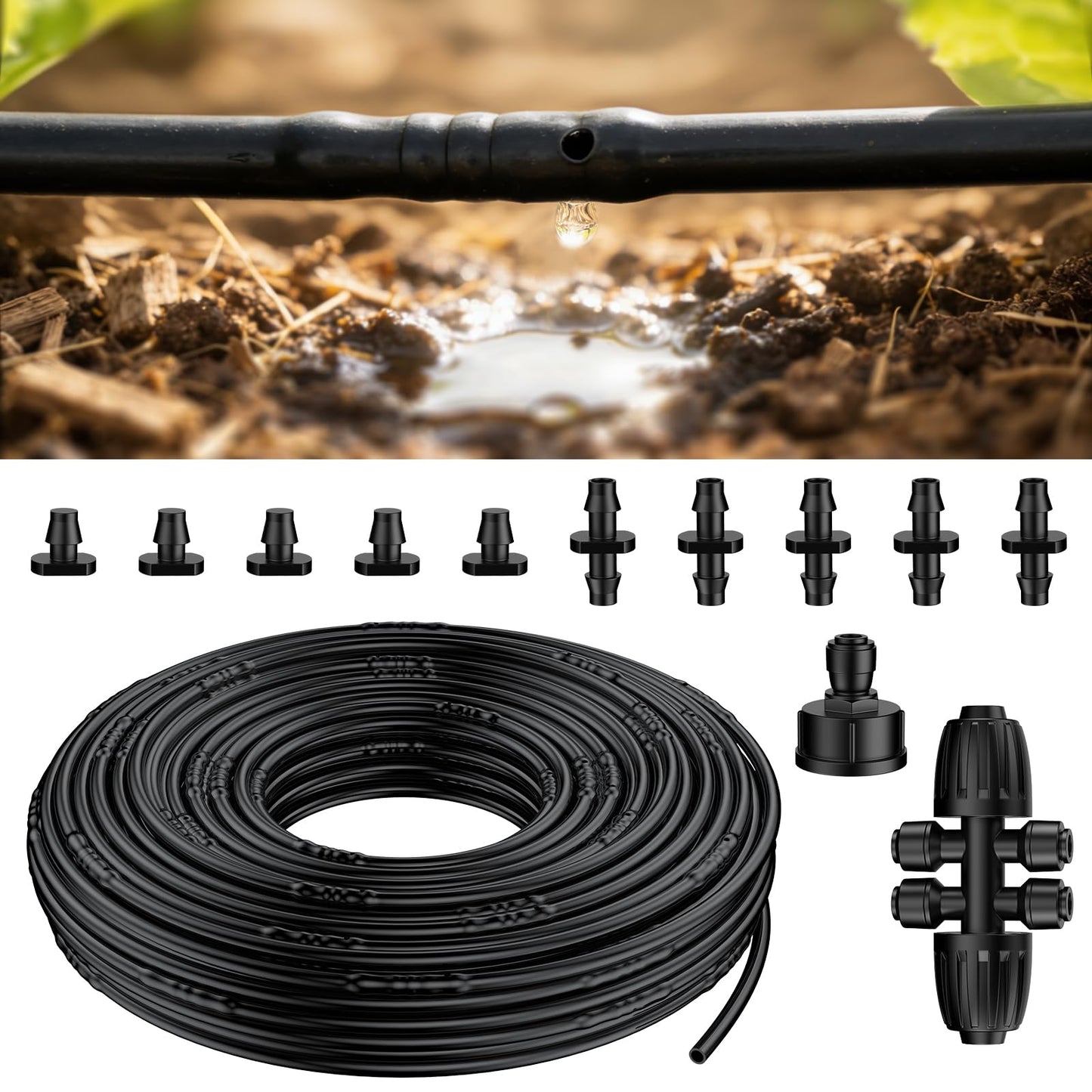 Pawfly 100 ft 1/4 Drip Irrigation Tubing, 1/4" Emitter Tubing with 6" Spacing, Polyethylene Drip Line with 12 Parts, Black Distribution Tubing for Drip Irrigation System, Drip Irrigation Hose Roll