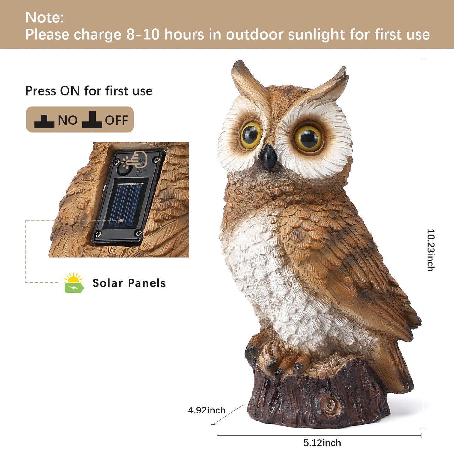WONDHOME Solar Owl Garden Statues Outdoor Decor Resin Owl Figurine with LED Lights Owl Sculpture for Porch Patio Lawn Yard Decorations Christmas Housewarming Gifts for Women Mom,Brown Owl