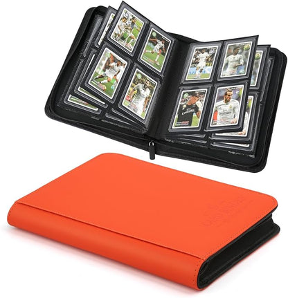 Toploader Binder, 4 Pocket Trading Card Binder Holds 128 Top Loaders, Premium Zipper Card Storage Case with Double-Sided Pockets for 3x4'' Toploaders, TCG, MTG, Sports Cards.(Hermes Orange)