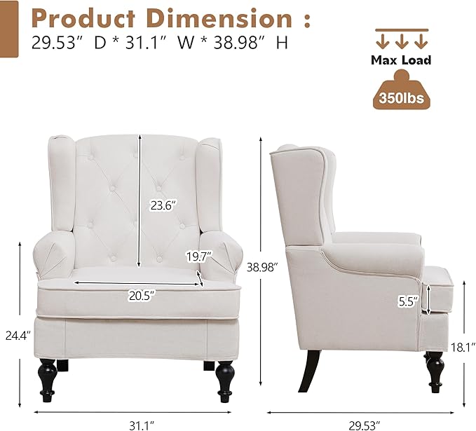 Accent Chair Set of 2, Mid Century Modern Fabric Wingback Chair, Upholstered