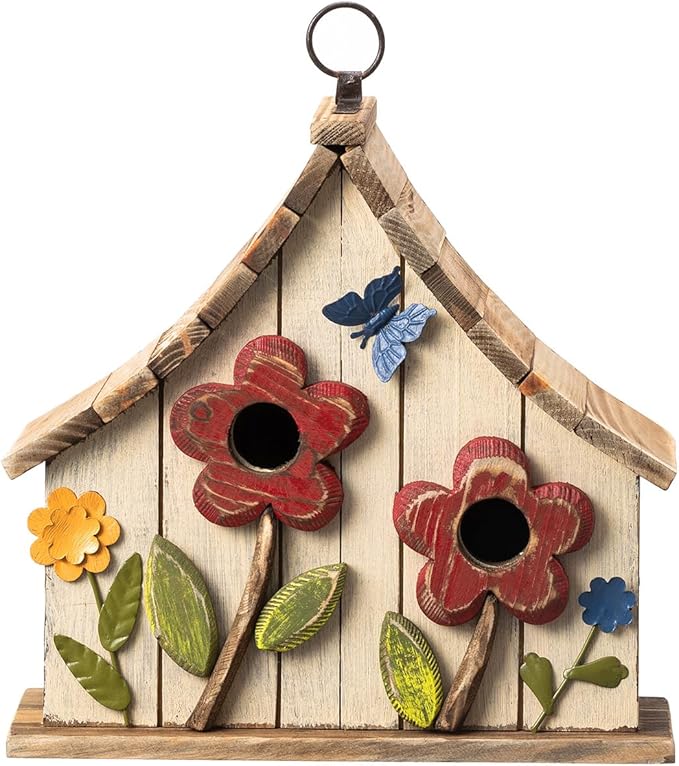 Glitzhome Hanging Birdhouses for Outside,10.75" L Distressed Solid Wood Birdhouse with 3D Flowers Rustic Two-Story Townhouse Hand-Painted Bird Houses for Outdoors,Washed White