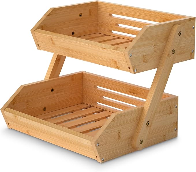 Merysen 2 Tier Fruit Basket For Kitchen- Bamboo Fruit and Vegetable Storage