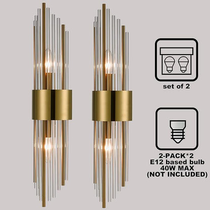 2-Light Modern Brushed Titanium Gold Wall Sconce with Clear Glass Crystal Luxury Wall Light Fixtures for Bedroom Living Room Bathroom Vanity Mirror Light Fixtures Set of 2