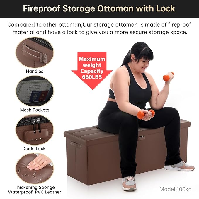 DocSafe Storage Ottoman Bench, Fireproof＆Waterproof Folding Bench