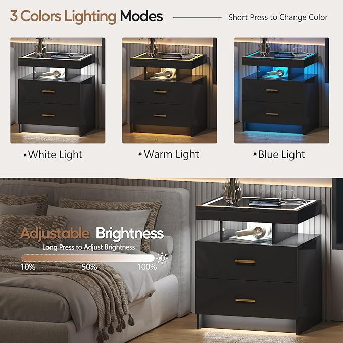 LED Nightstand with Wireless Charging Station, Glass Top Smart Bedside Table