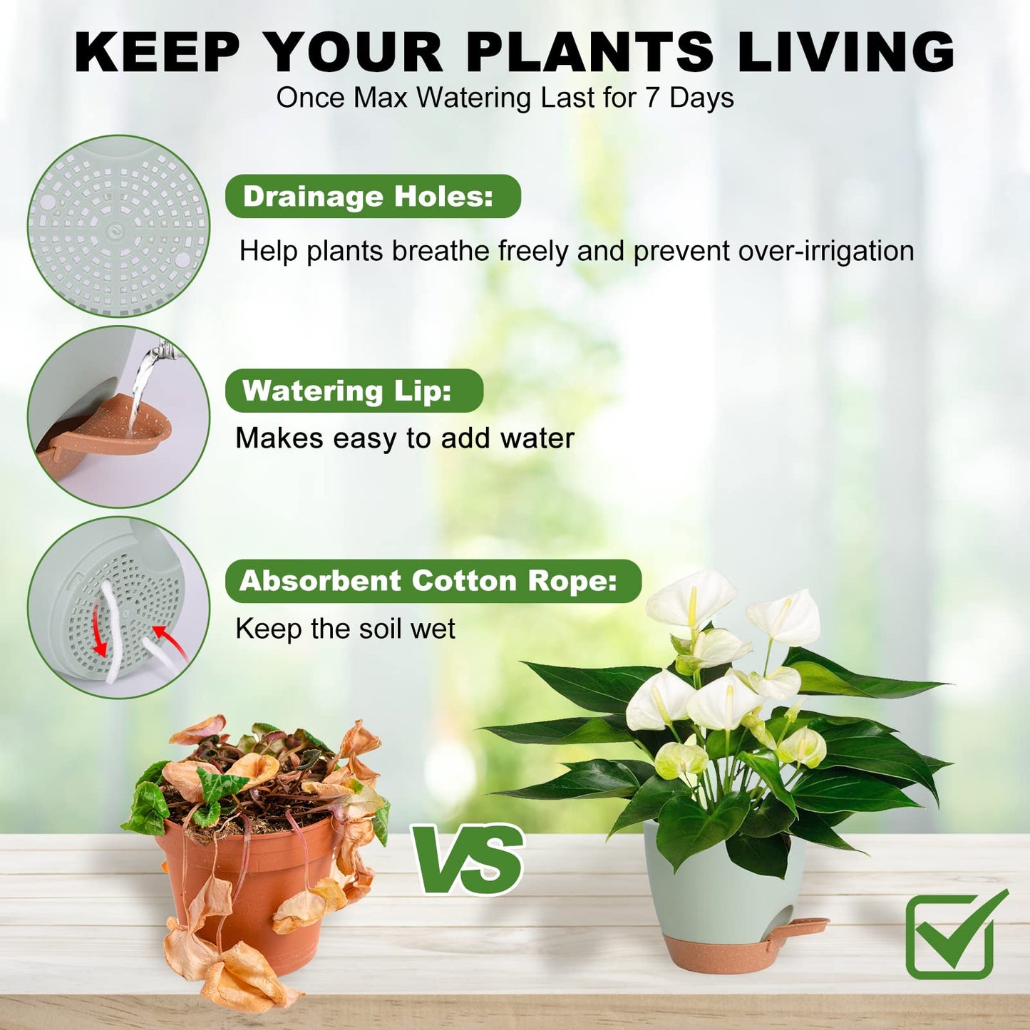 Vanslogreen Plant Pots Indoor 7/6.5/6/5.5/5 Inch Self Watering Planters for Indoor Plants with Drainage Hole, Plastic Flower Pots for Succulents, African Violet (Green)
