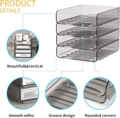 FANXIYQ Clear Paper Organizer - Brown Acrylic Stackable Paper Tray for Desk, 4-Tier Letter Tray Organizer with Smooth Edges and Rounded Corners