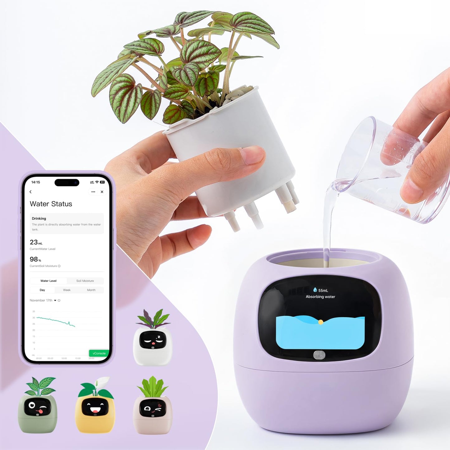 Smart Plant Pot with Visual Display – Soil Moisture, Water Level, Light & Battery Monitor, 80ml Self-Watering Reservoir, Supports 100+ Plants, Pomodoro Timer, Clock & Calendar-Purple