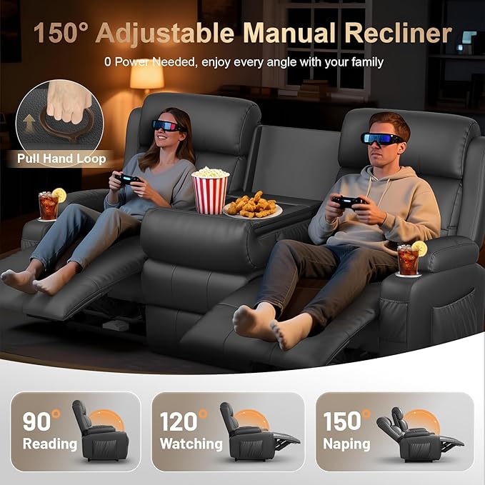 3-Seater Loveseat Recliner Sofa, Home Theater Seating Reclining Couch
