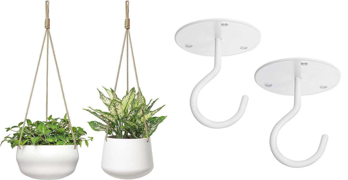 Mkono Ceramic Hanging Planter and Ceiling Hooks, Shallow 8 Inch and Deep 6 Inch for Indoor Outdoor Plants, Set of 2 Modern Plant Pot Geometric Porcelain Hanging Basket with Polyester Rope Hanger