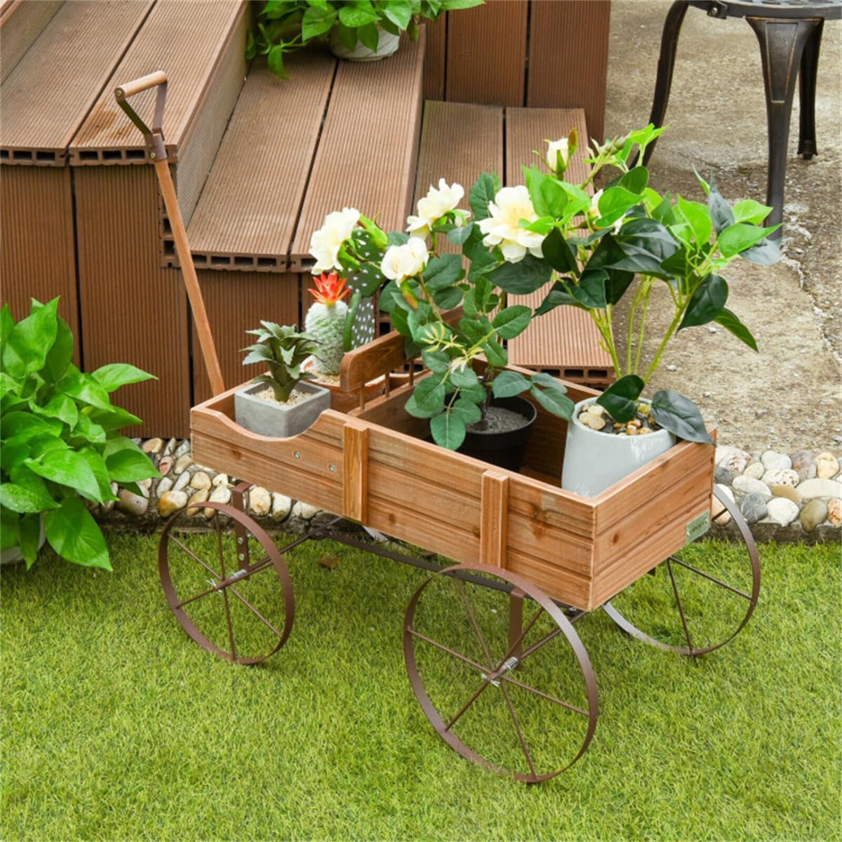 DESIGNSCAPE3D Wooden Wagon Planter Cart – Rustic Raised Garden Bed with Wheels & Handle for Outdoor Patio, Yard, Backyard, Brown Fir Wood Flower Box