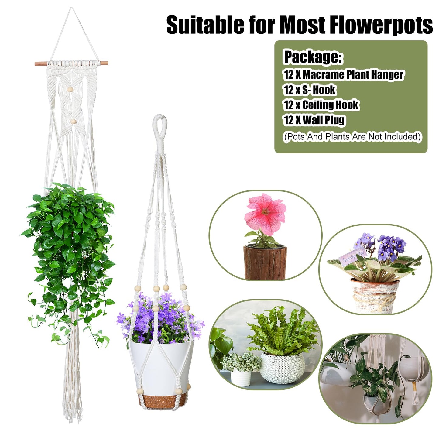 Hoteam 12 Pcs Macrame Plant Hangers Macrame Hanging Planters for Indoor Plants Handmade Boho Hanging Baskets Flower Pots Holder for Outdoor Home Wall Decor(Beige, Brown)