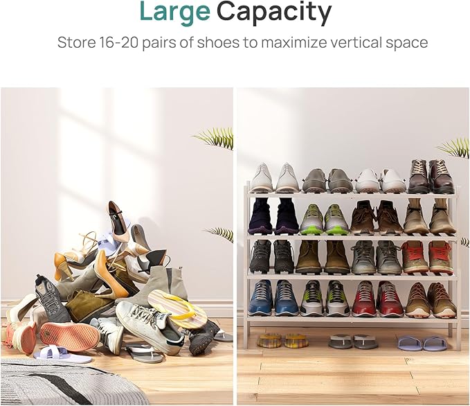 viewcare White 4-Tier Long Shoe Rack, Bamboo Wood
