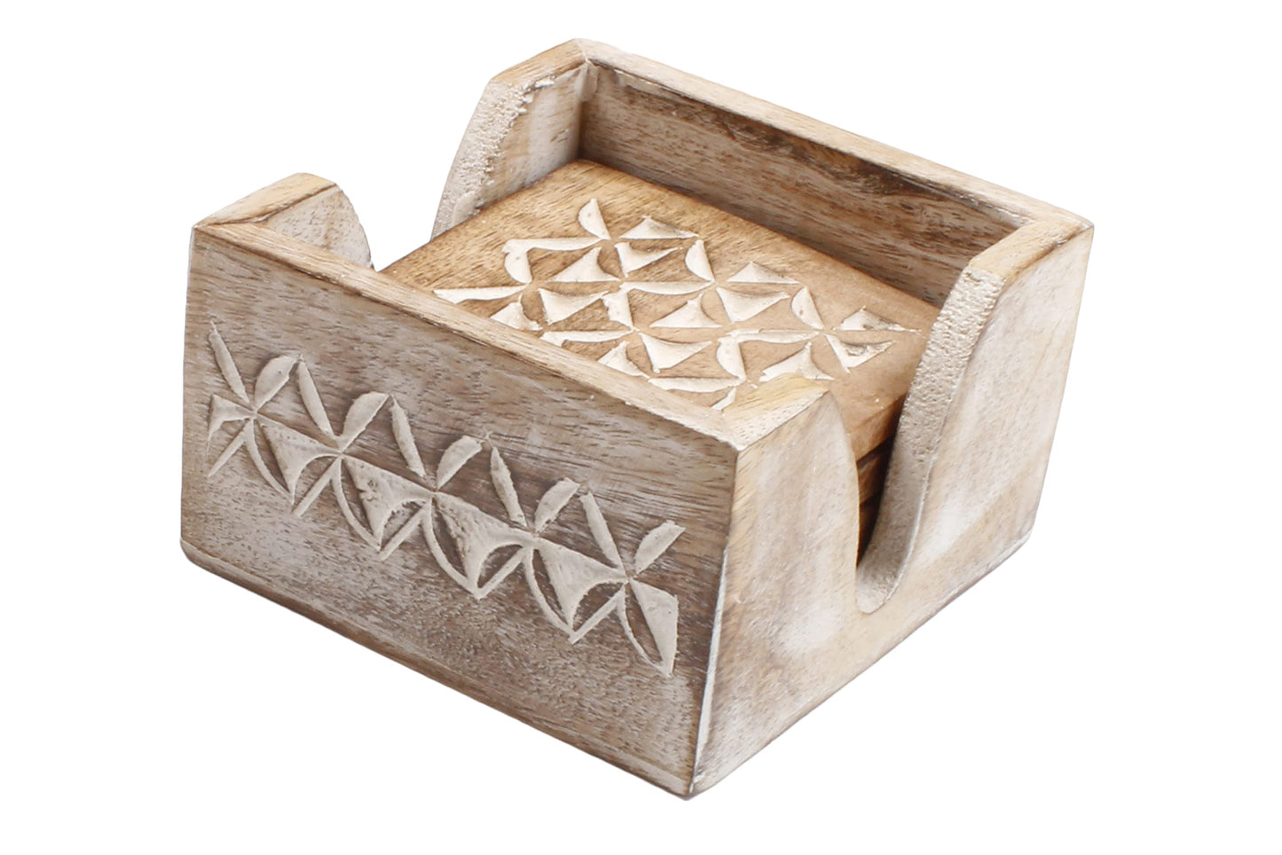 Wooden Set of 6 Whitewash Coasters with Holder Stand | White Distressed Coasters for Tea, Coffee & Drinks | Dining Table & Home Décor