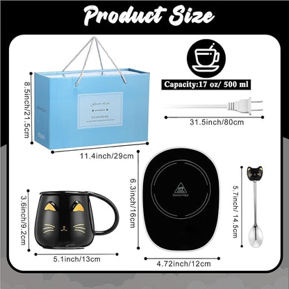 Cat Coffee Cup Coffee Warmer with Mug for Women Electric Mug Heater Temperature Control Ceramic Cute Cat Warmer for Office Valentine' Day Birthday Gift(Black)