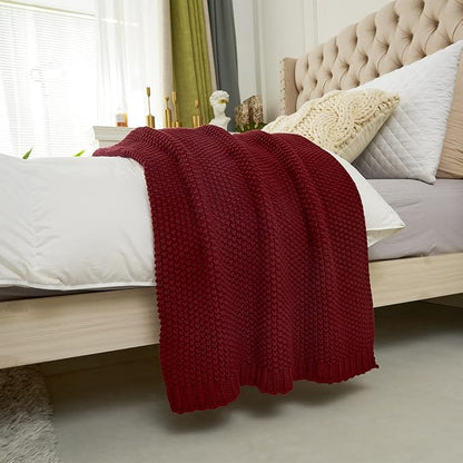 Longhui bedding Chunky Cable Knit Throw Blanket Lightweight Wine red 100% Organic Cotton Blanket for Sofa Couch Bed Baby Nursery, Rustic Shabby Chic Modern Farmhouse, 60” x 80” Give Laundering Bag
