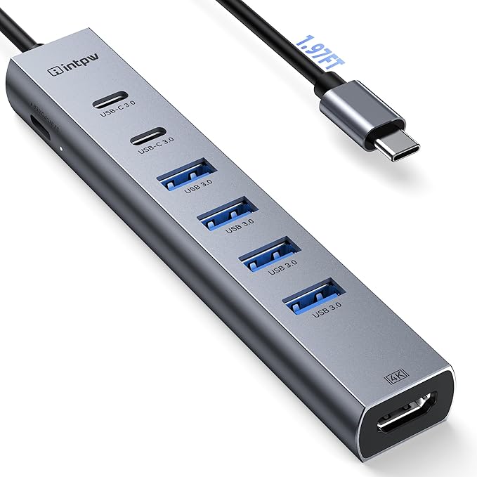 intpw USB C to USB A Hub 4K HDMI 8 Ports Type C Hub USB 3.0 5Gbps Aluminum Adapter Multiport USB C Hub for Laptop, Mac, iPad, PC (1.97FT(8in1,HDMI 4K))