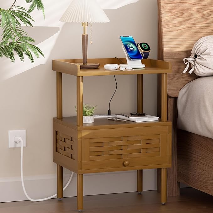 Amazer Walnut Nightstand with Charging Station, Bamboo Night Stand