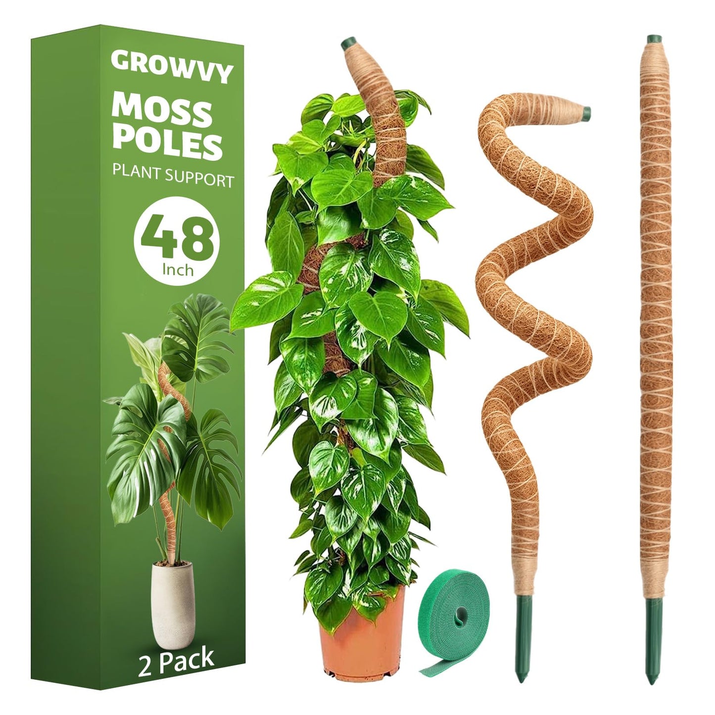 Growvy 2 Pack Bendable Moss Pole, 48" DIY Shape Monstera Plant Support for Climbing Indoor Plants, Coco Coir Plant Support Stake for Monstera, Pothos, Philodendron & Indoor Potted Vines