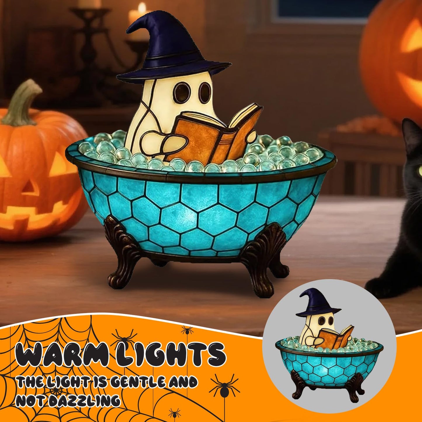 oyeftp Halloween Ghost Bubble Bath Lamp, Cute Bathtub Ghost Night Lights for Halloween Decor, Reading Books Nightlight, Halloween Decorations for Indoor Readers & Book Lover Desk Home Party