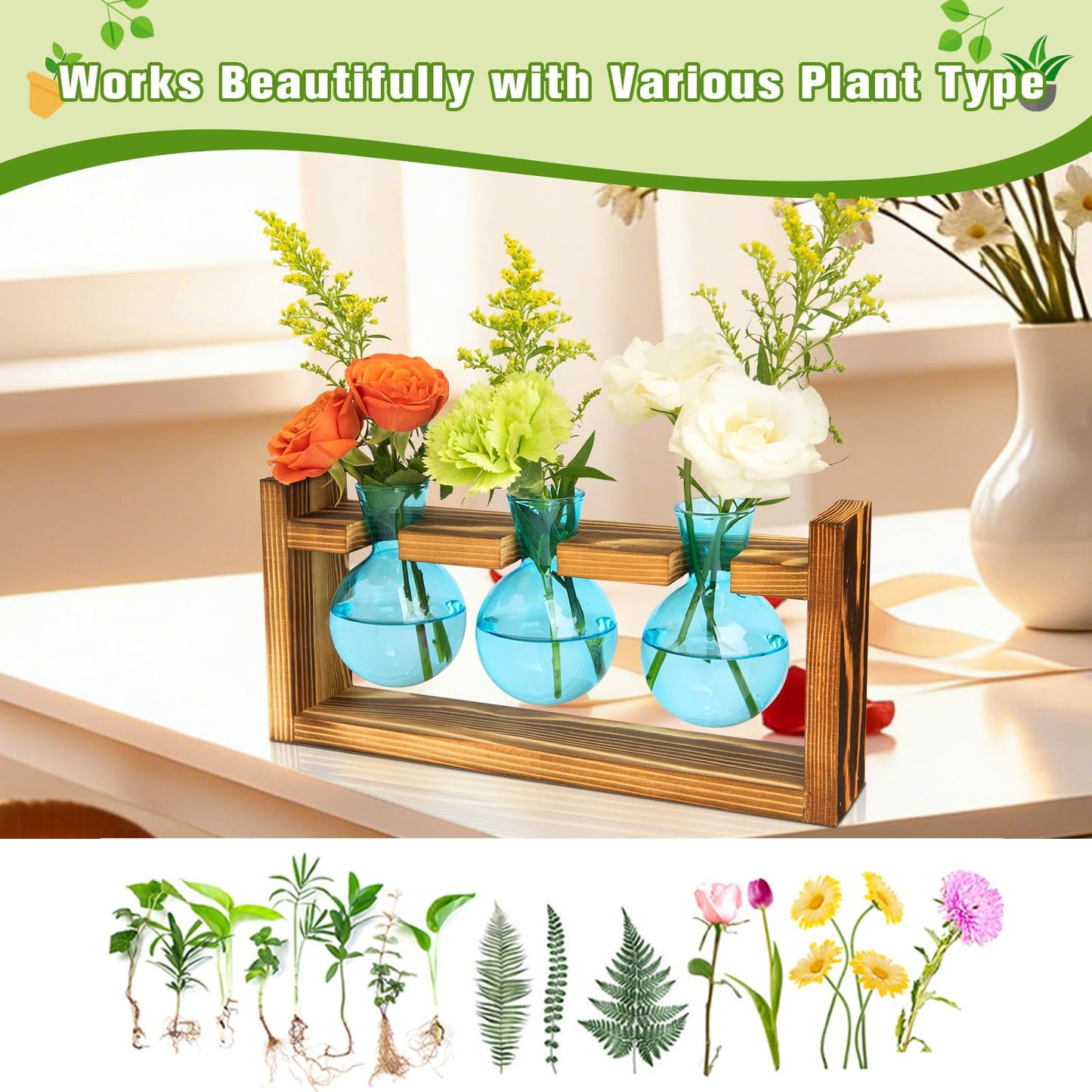 XXXFLOWER Glass Plant Terrarium Propagation Station, Gifts for Mom Plant Lovers Wife Daughter, 3 Bulb Glass Vase Plant Terrarium Tabletop for Hydroponics Home Office Indoor Decor (Blue)