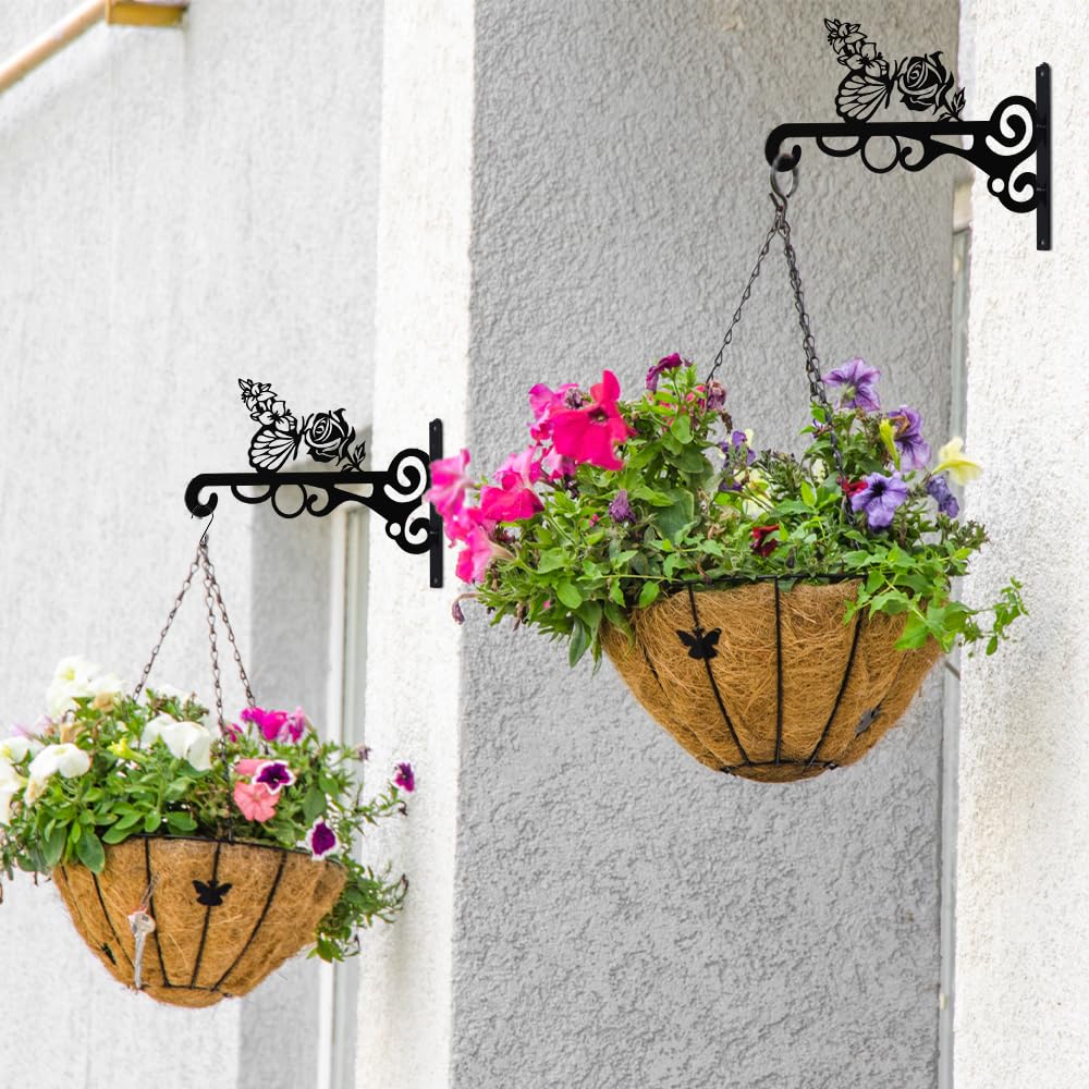 hogardeck Plant Hangers Outdoor Decor, 2 PCS 10” Metal Hanging Plant Bracket with Buttterfly and Flower for Garden Patio Yard Decor, Plant Hooks for Hanging Plants, Bird Feeder, Wind Chime, Lantern