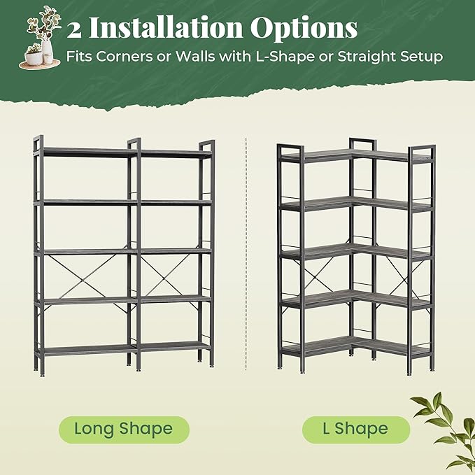 Huuger 5 Tier Bookshelf, L Shaped Corner Bookshelf