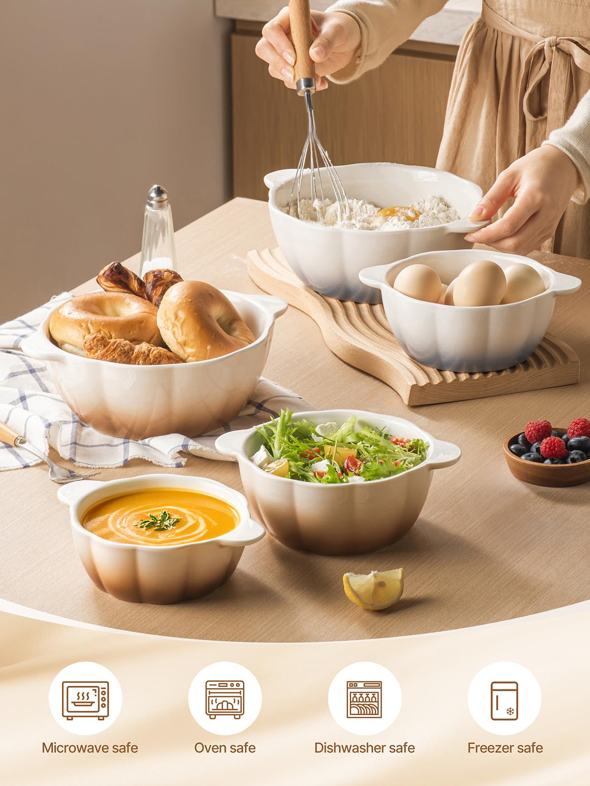 MISSYSSIM Large Soup Bowls Set of 4, Pumpkin Microwave Mixing Bowls with Handle, Ceramic Serving Bowls for Prepping, Pasta, Salad - Kitchen Cooking and Baking Supplies, Mothers Day Gift