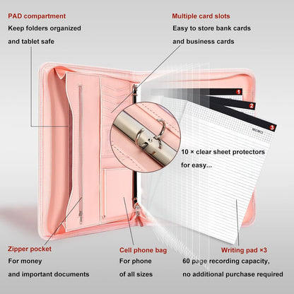 Leathario Portfolio Binder, Includes 10 Sheet Protectors and 3 Notepads, 3-Ring Folder Organizer, A4 Padfolio with Zipper, Vegan Leather Tablet Sleeve, Business Office Conference Clipboards