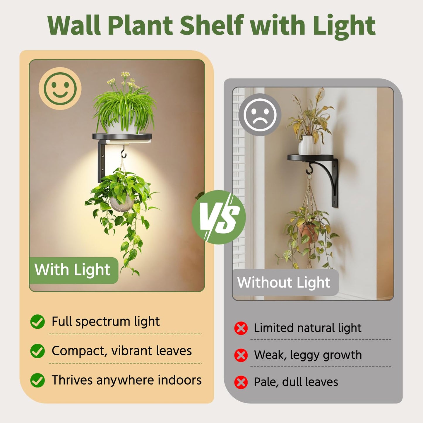 LASZOLA Plant Hangers Shelves Wall Mounted Indoor with Grow Lights, Metal Window Plant Holders, 2Pcs Modern Floating Flower Display Stand with 2 Hooks for Outdoor Kitchen Bathroom Decor, Black