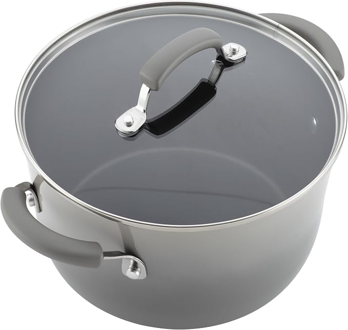 Rachael Ray Cookware Classic Brights Hard Enamel Aluminum Nonstick Cookware Set, 14-Piece, Sea Salt Gray