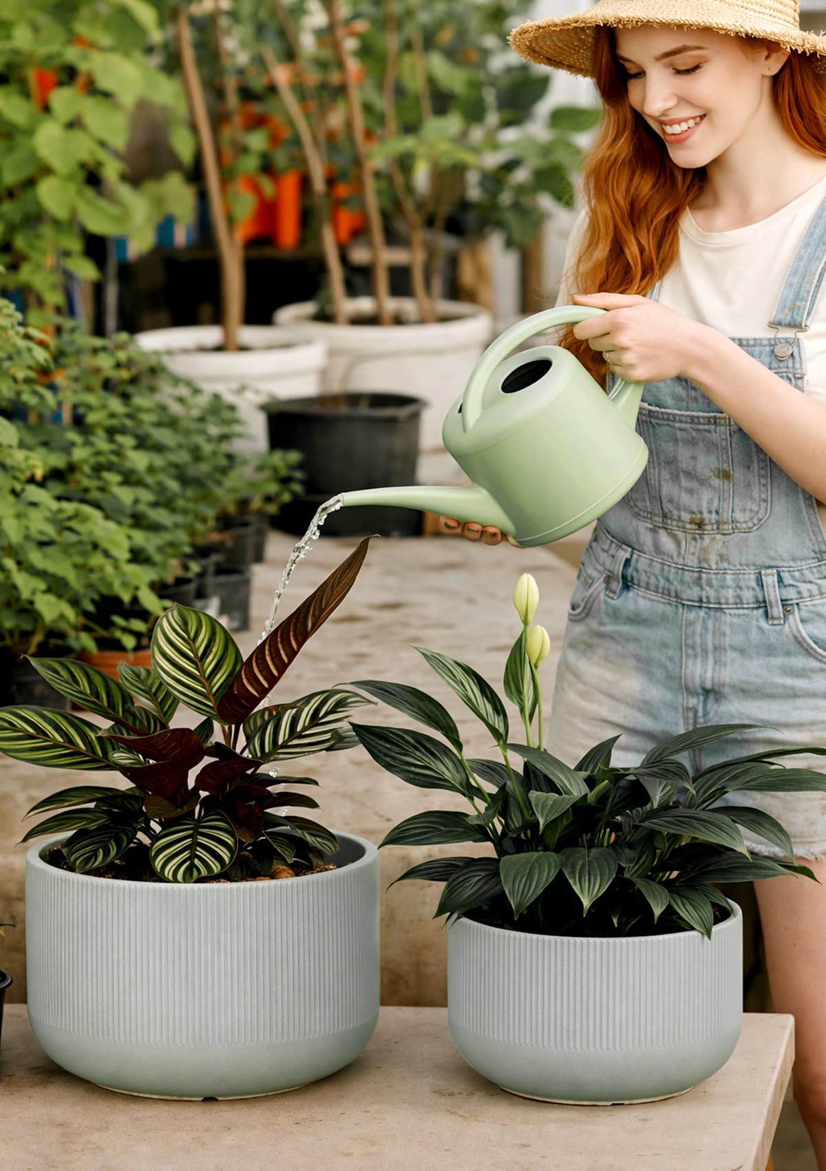 Jardin Tesoro Ceramic Planters - 10+12 Inch Large Pots for Indoor & Outdoor Plants, Modern Flower Pots with Drainage Holes and Self Watering Devices, House Grey-Blue Big Plant Pot, Set of 2