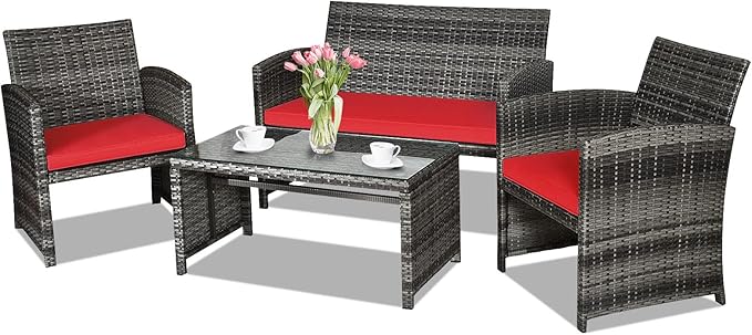 Goplus 4-Piece Rattan Patio Furniture Set, Outdoor Wicker Conversation Sofa