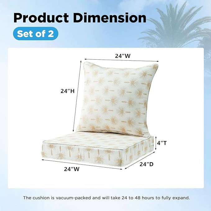 Outdoor Deep Seat & Back Cushion Set, 24 x 24 Inch Water Repellent and Fade