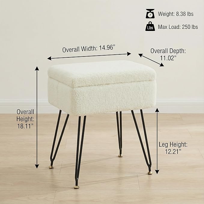Vanity Stool Chair, Faux Teddy Fur Ottoman Foot Stool