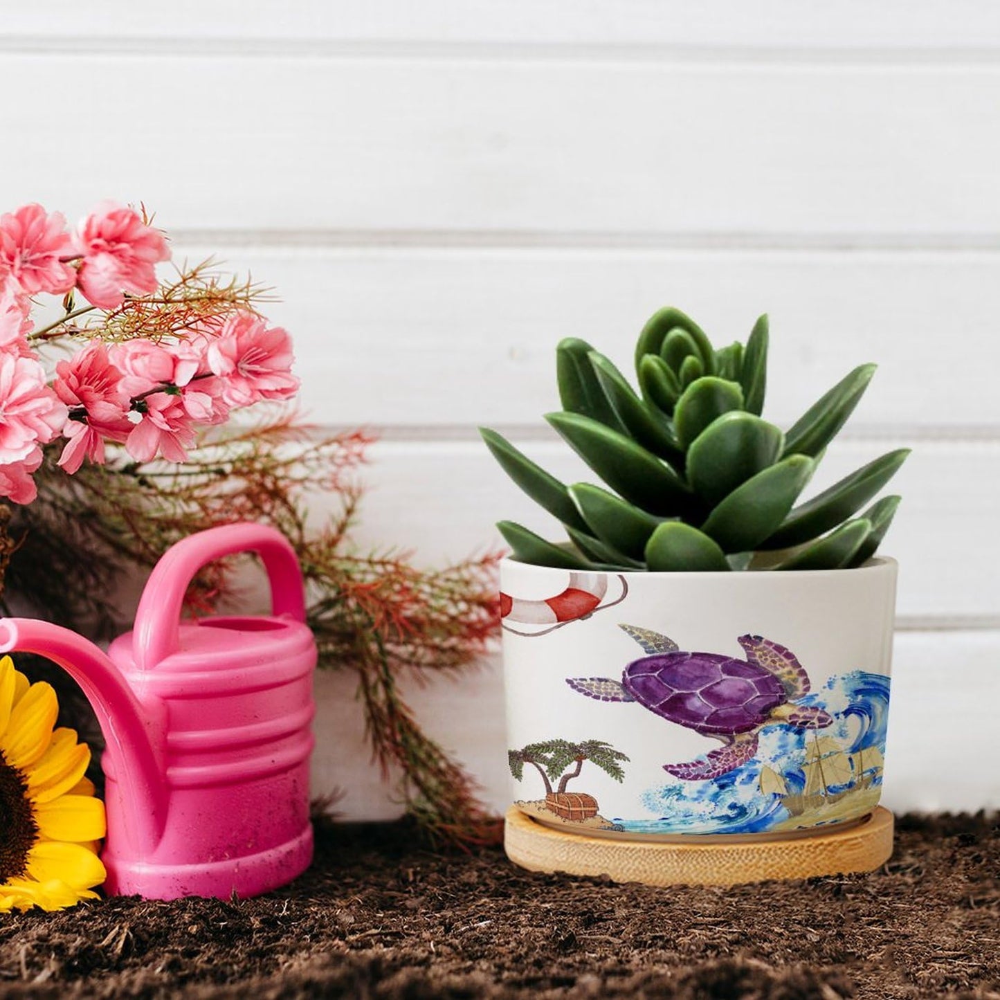 DreamAutumn Ocean Theme Sea Turtle Planter Ceramic Round Plant Pots with Drainage Holes and Bamboo Tray Planting Small Flower Pots for Home Windowsill Desk Garden Indoor Outdoor Use