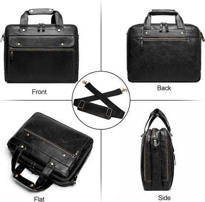 Leather Briefcases for Men 15.6 Inch Laptop Messenger Bag with Triple Compartments Water-Resistant Computer Shoulder Bag for Business, Travel, Work, Office, Black