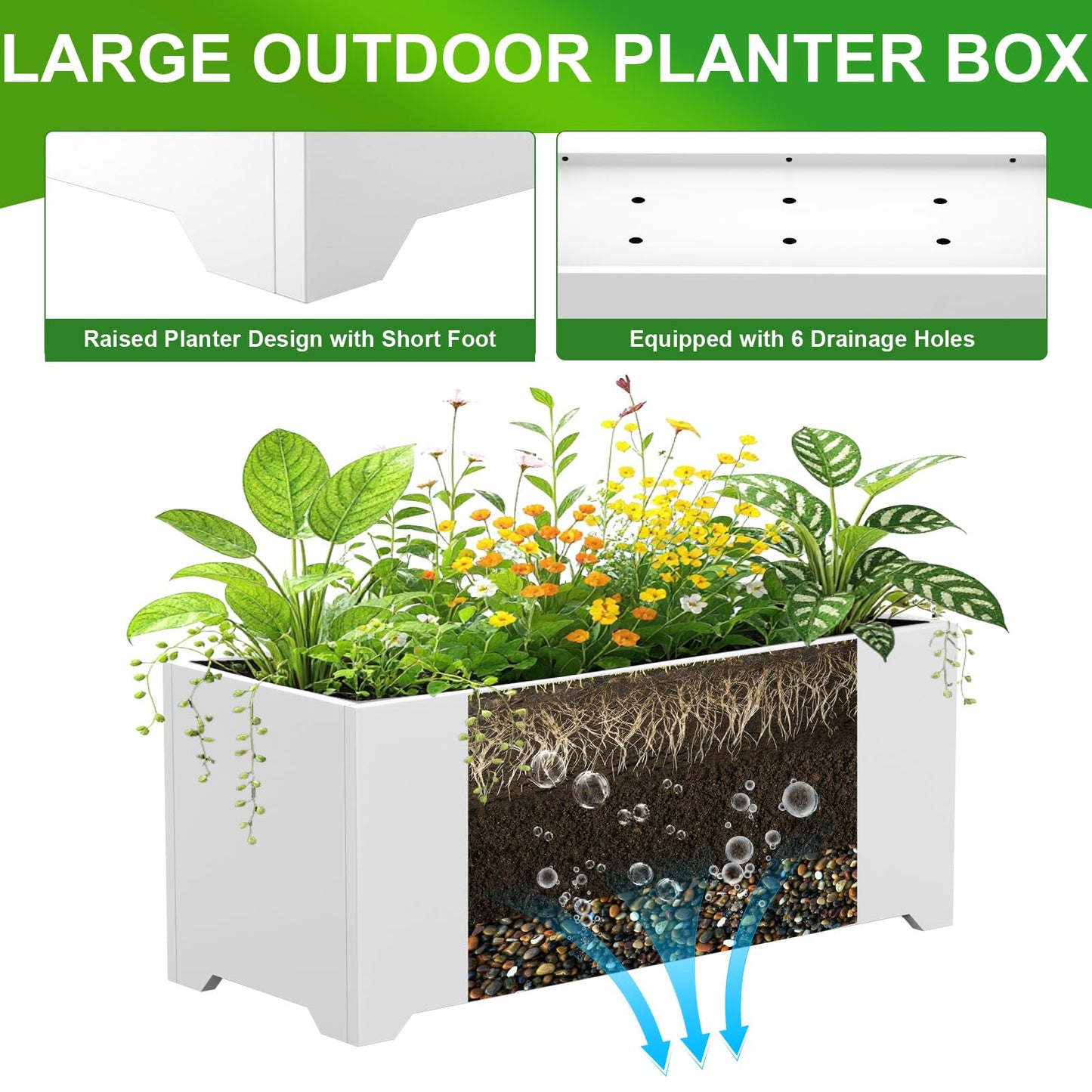 36" White Rectangular Planter, 36x15x15 Inch Large Metal Flower Box with 6 Drainage Holes, Raised Bottom, Galvanized Outdoor Planter for Patio Garden Deck, Heavy Duty Planter for Vegetables Shrubs