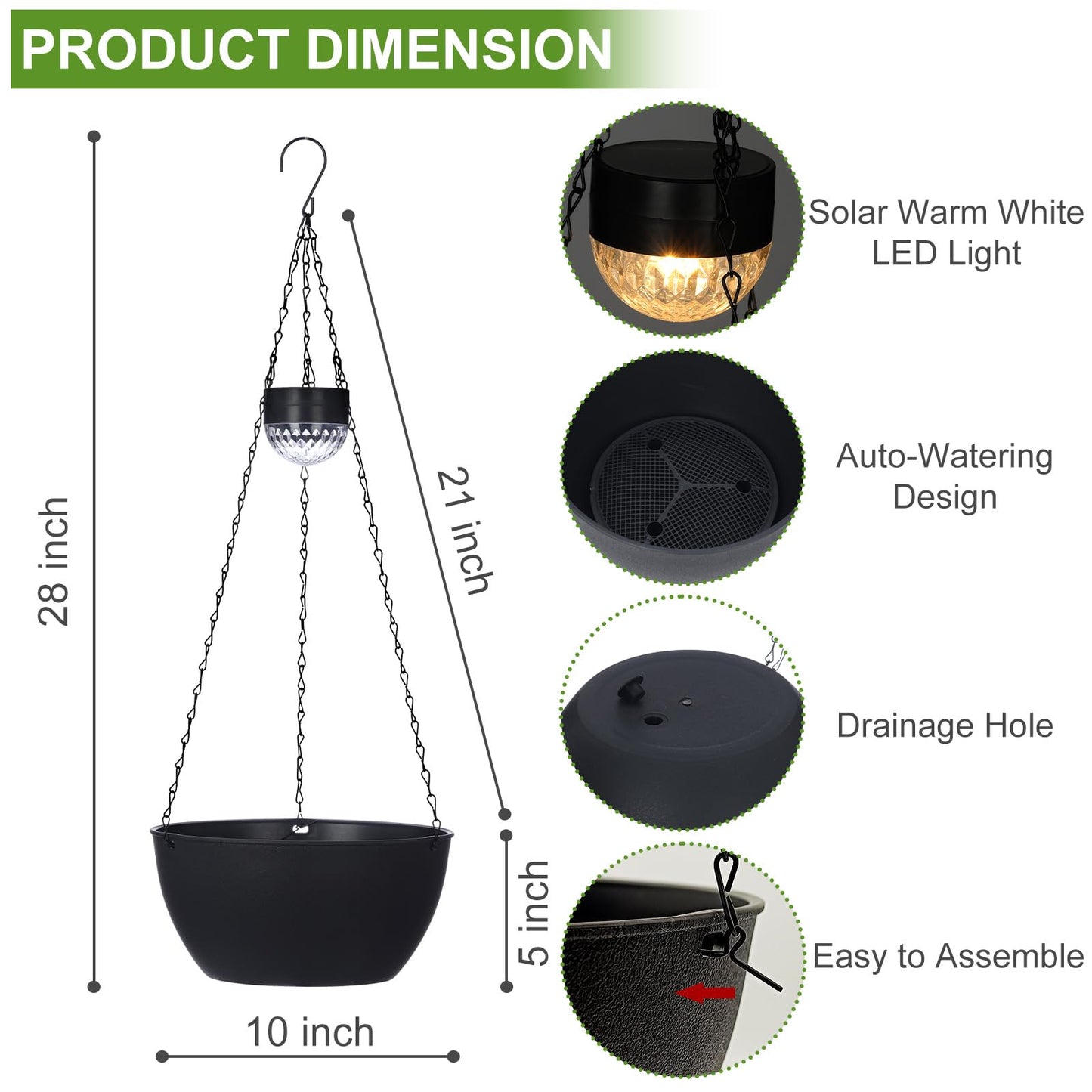 BAYN 2 Packs Solar Hanging Basket Planters for Plants Outdoor, Self Watering Black Flower Plants Pots with Solar Light Drainer for Balcony Patio Garden Outdoor Decoration