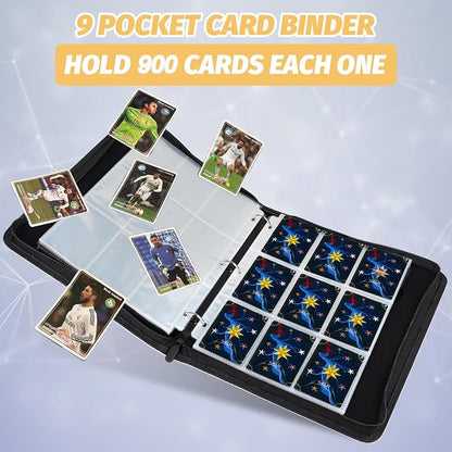 900 Pockets Round Ring Trading Card Binder, 9-Pocket Clear Zipper Card Album with Wrist Strap, Holds 900 Standard TCG & Sports Cards, Not Fit Top Loaders(Carbon Red)