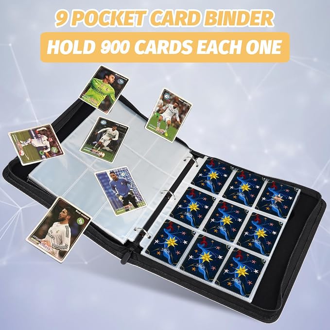 900 Pockets Round Ring Trading Card Binder, 9-Pocket Clear Zipper Card Album with Wrist Strap, Holds 900 Standard TCG & Sports Cards, Not Fit Top Loaders (Carbon Yellow)