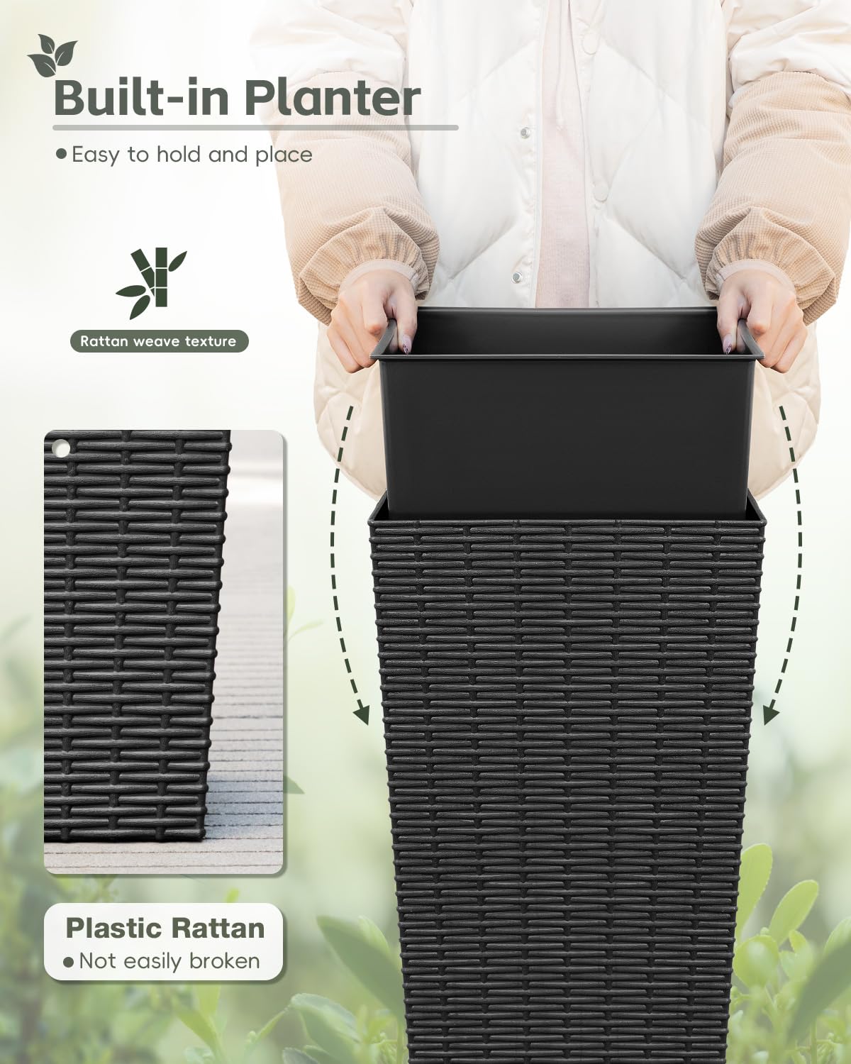 Greesum Set of 2 Tall Plastic Planters with Saucer, 32 Inch Large Pots with Drainage Trays, Weather-Resistant Plastic Plant Containers for Patio, Porch, Garden,Black