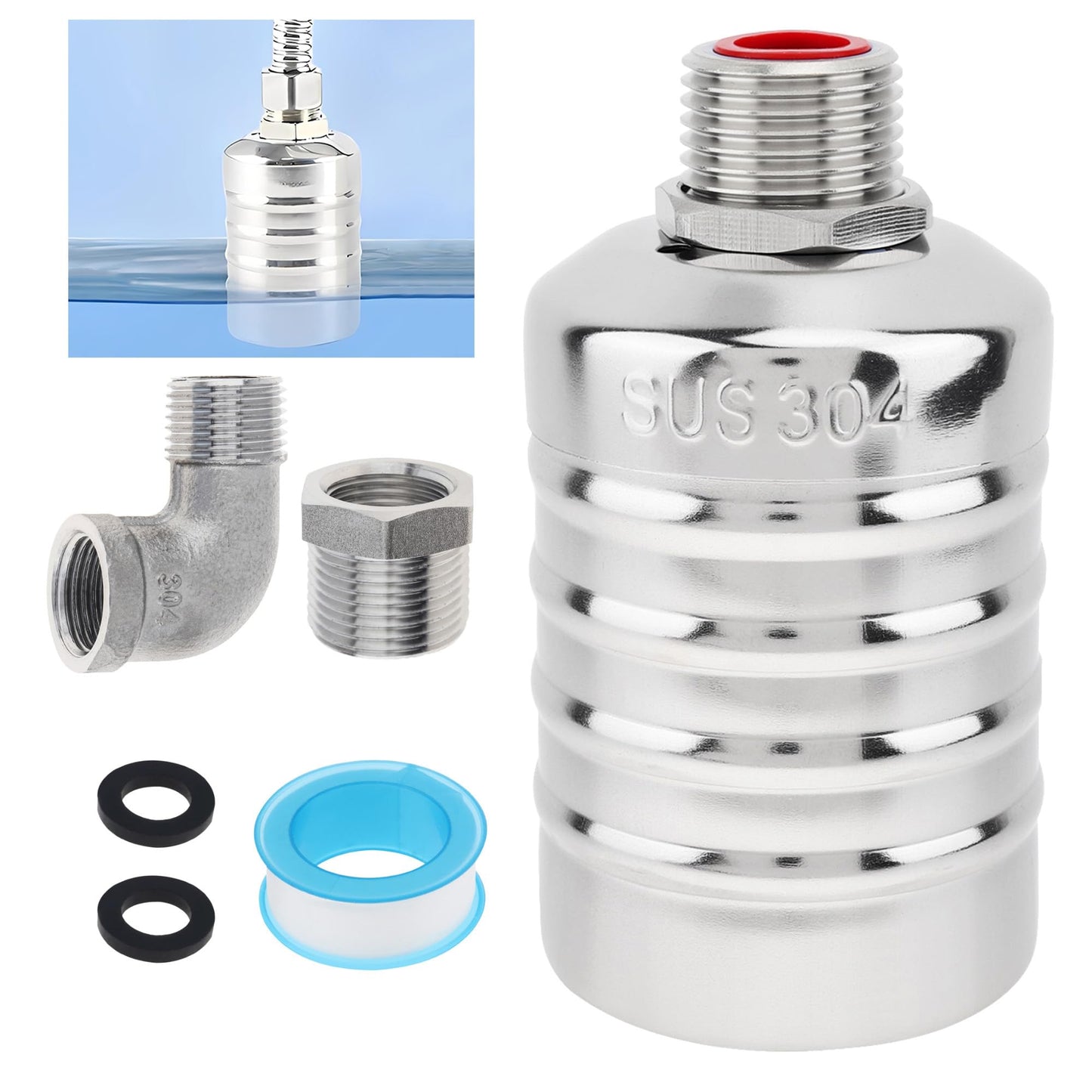 Float Valve, 304 Stainless Steel 1/2inch to 3/4inch Auto Fill Shut Off Water Float Valves Fully Automatic Water Level Control for Water Tank, Pool, Tower, Livestock Troughs