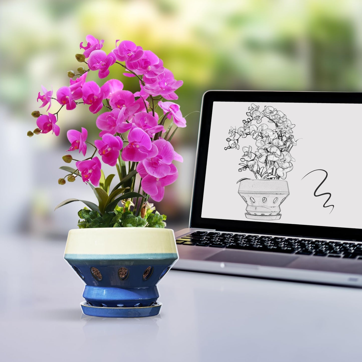 Gepege 6.5 Inch Orchid Pots with Holes for Indoor Plants, Plant Pots with Drainage Hole, Ceramic Flower Planter with Saucers, Blue Ceramic Planter