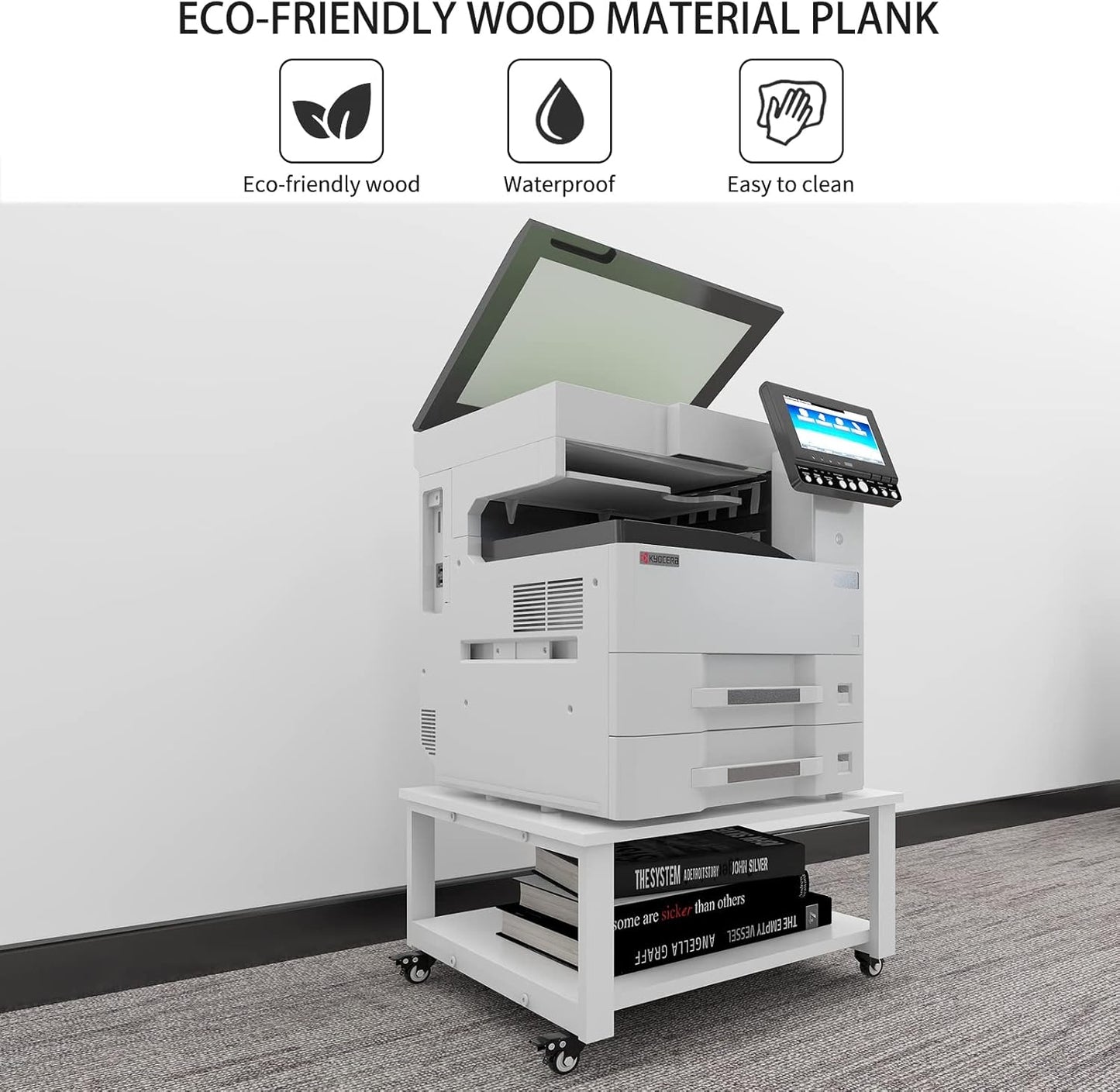 Natwind 2 Tier Laser Printer Stand,23.6''x23.6'' Large Printer Table,Copier Stand with Wheels, Heavy Duty Rolling Printer Cart with Paper Storage Shelf for Home Office (White)