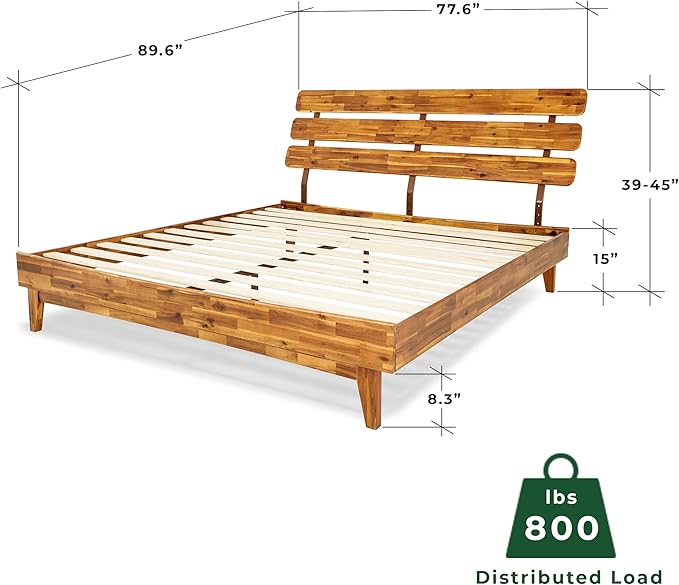 Bme Caden King Size Bed Frame and Adjustable Headboard, 15 Inch Mid Century