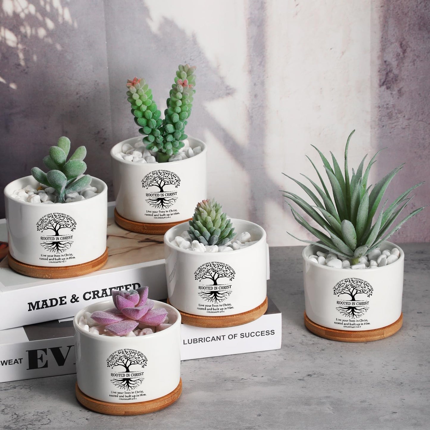 Sieral 6 Pcs Fathers Day Christian Rooted in Christ Small Succulent Pots with Bamboo Tray - 3.15 Inches Mini Ceramic Succulent Planter for Dad Religious Spiritual Bible Gifts, Plants Not Included