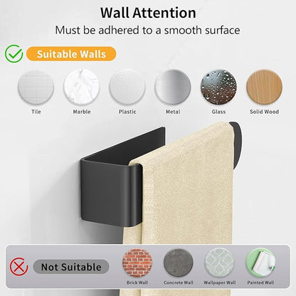 Hand Towel Holder, Self Adhesive Towel Racks for Bathroom Wall Mounted, 8 Inch Square Hand Towel Bar Stick on Wall for Kitchen Cabinet RV, Black (2 Pack)